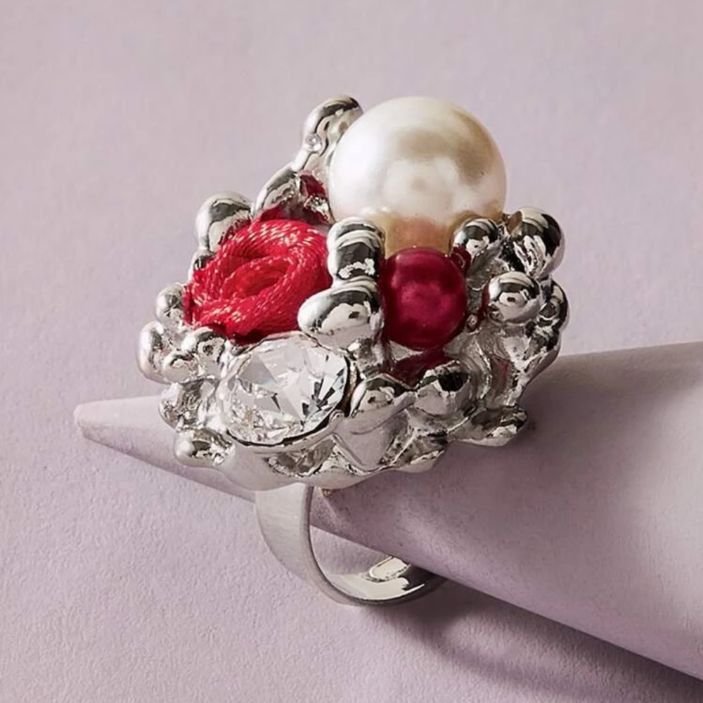 ๐น Lovely Adjustable Large Wet Melt Look Faux Pearl Rhinestone Rose Ring ๐น